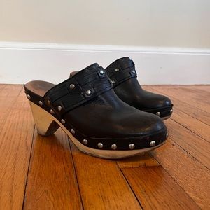 LUCKY BRAND leather studded black mid heel mule clogs.